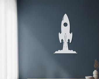 Arte de pared de metal con forma de cohete, decoración para habitación infantil