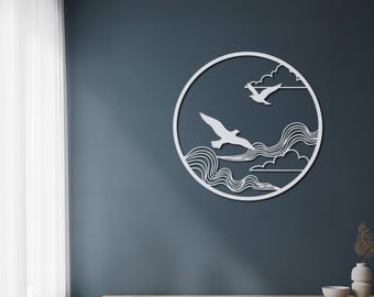 Arte de pared metálico de gaviota redonda, decoración de pared circular con olas del océano, letrero metálico con silueta de ave costera, colgante de pared náutico moderno
