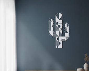 Letrero geométrico, arte mural de metal con cactus, decoración bohemia moderna con cactus, colgante de pared de metal desértico, escultura de pared minimalista del suroeste.