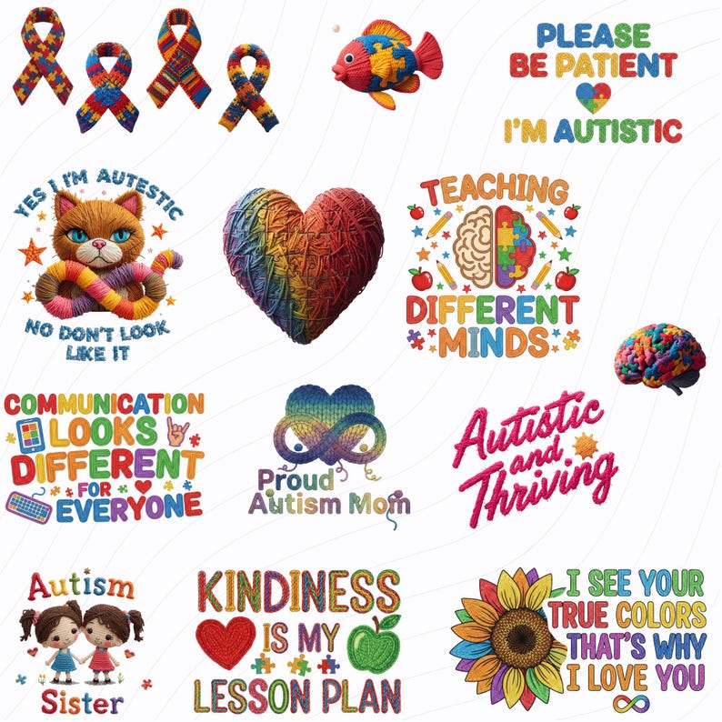70+ Faux Yarn Autism Awareness PNG Bundle, Autism Faux Embroidery ...