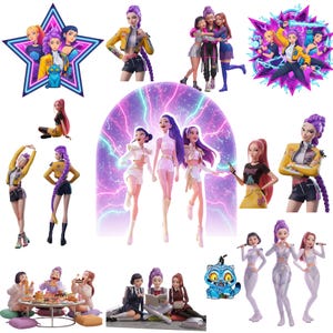 May include: Digital illustrations of female characters with purple hair and futuristic clothing. The images show the characters in various poses, some in groups, and with a cartoon cat. The colour scheme includes bright yellows, purples, and blues, creating a dynamic and modern aesthetic.