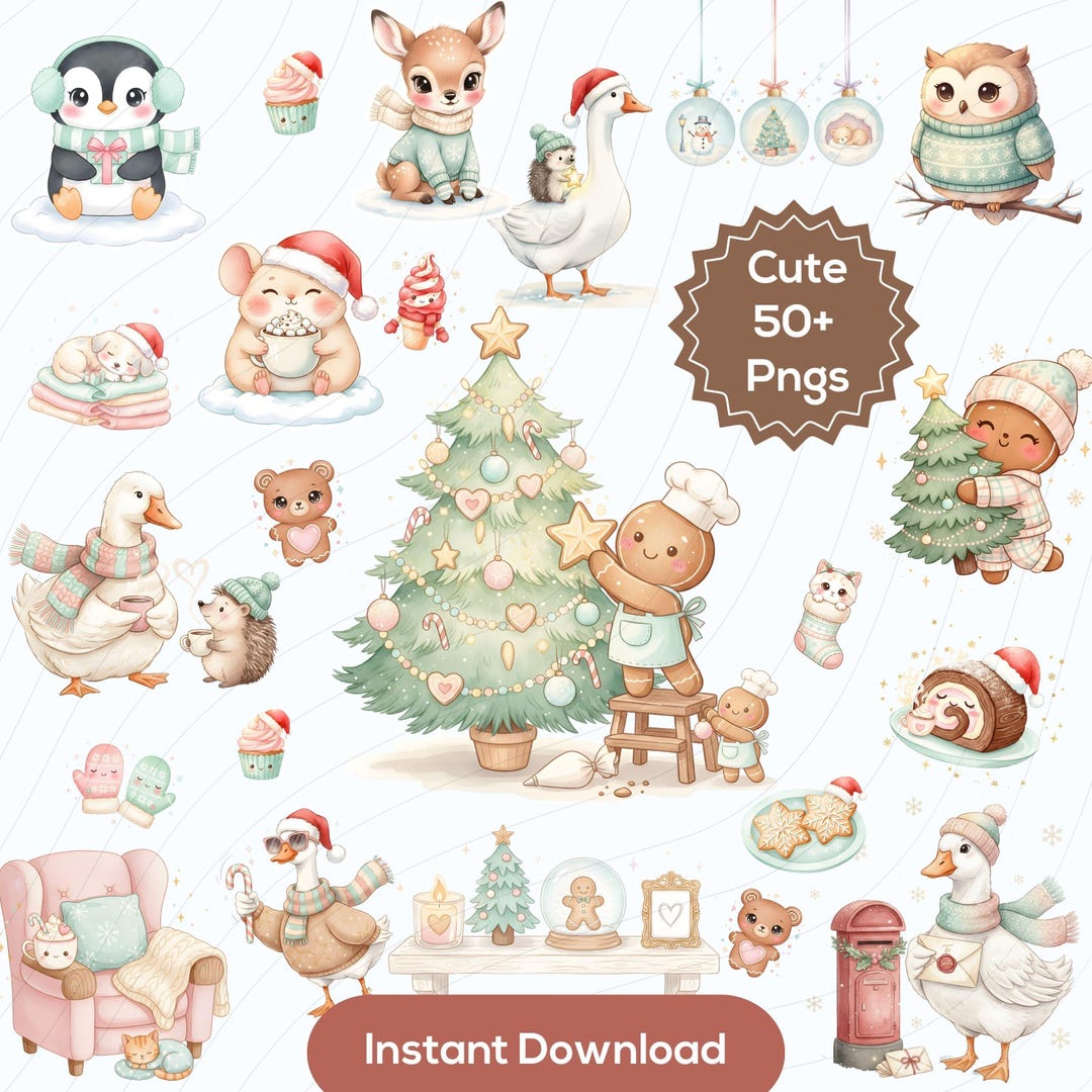 Cute 50+ Christmas Clipart PNG Bundle | Kawaii Holiday Animals & Decor ...