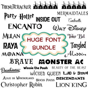 May include: A collection of various movie titles and character names in different fonts, including "Encanto", "Aladdin", and "Lion King". The words are in black, with a central text bubble that reads "Huge Font Bundle".