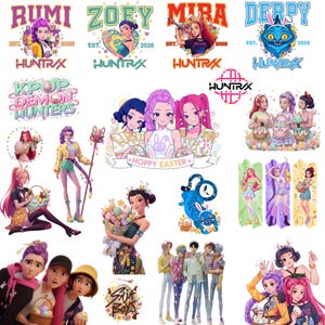 May include: A collection of colorful digital illustrations featuring anime-style characters. The images include text such as "RUMI", "ZOEY", "MIRA", "DERPY", "KPOP DEMON HUNTERS", and "HOPPY EASTER". The artwork showcases various poses and themes.