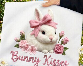 Conejito de Pascua con bordado falso PNG, diseño de sublimación de besos de conejito (descarga digital)