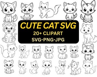 Paquete de imágenes prediseñadas de gatos kawaii / Gatito SVG, PNG, JPG (descarga digital)