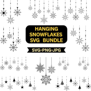 May include: A black and white SVG bundle showcasing hanging snowflake designs. The image presents diverse snowflake shapes and sizes, plus Christmas trees and stars. Text reads "HANGING SNOWFLAKES SVG BUNDLE" and "SVG-PNG-JPG".
