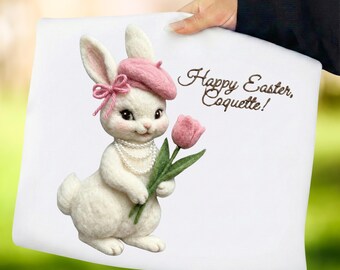 Conejito de Pascua PNG, boina con bordado falso, sublimación de primavera (descarga digital)