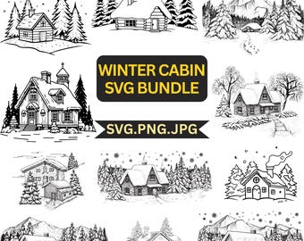 Pacchetto SVG di baita invernale, clipart di paesaggio innevato (download digitale)