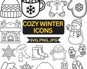 Paquete SVG de iconos de invierno, garabatos navideños, imágenes prediseñadas navideñas acogedoras (descarga digital)