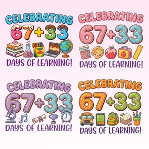 Puede incluir: Cuatro ilustraciones coloridas con el texto "CELEBRATING 67+33 DAYS OF LEARNING!". Cada imagen presenta diferentes iconos relacionados con la escuela, incluyendo libros, un portátil, un globo terráqueo y un autobús escolar.