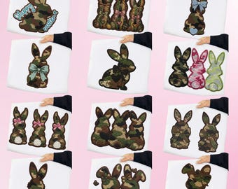 Paquete PNG de conejito de Pascua de camuflaje, parche de sublimación con bordado falso, conejo con punto de camuflaje (descarga digital)