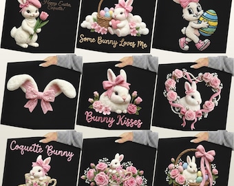 Paquete PNG de conejito de Pascua retro, bordado de hilo sintético, conejo con lazo rosa coqueto (descarga digital)