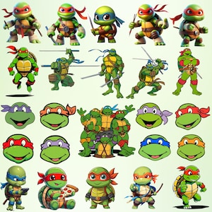 May include: A collection of cartoon images featuring the Teenage Mutant Ninja Turtles. The images include full-body illustrations of the turtles in action poses, as well as close-up images of their faces. Each turtle is wearing a different colored mask.