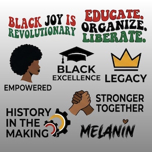 May include: An image featuring text and graphics. Text includes phrases such as "Black Joy is Revolutionary," "Educate, Organise, Liberate," and "Black Excellence." Graphics include a silhouette, a graduation cap, and a crown.