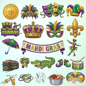 May include: A collection of colorful Mardi Gras themed illustrations. Includes a gold coin, masks, a crown, a banner with the text "Mardi Gras", a parade float, a fleur-de-lis, a green alligator, and a king cake.