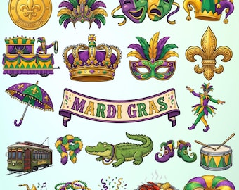 Paquete de imágenes prediseñadas de Mardi Gras, íconos de Nueva Orleans PNG (descarga digital)