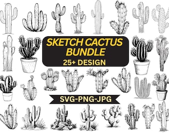 Paquete de imágenes SVG de cactus, bocetos de plantas del desierto (descarga digital)