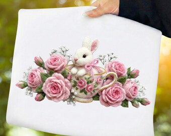 Conejito de Pascua con bordado falso en taza de té PNG, rosas rosadas de primavera (descarga digital)