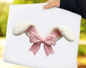 Orejas de conejo de punto sintético PNG, lazo rosa, perlas, sublimación (descarga digital)