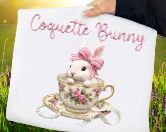 Conejito coqueto PNG, conejo taza de té con bordado falso, texto cosido por sublimación (descarga digital)