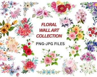 Paquete de imágenes prediseñadas florales en acuarela, ramo de flores de primavera para sublimación, elementos para invitaciones de boda (descarga digital)