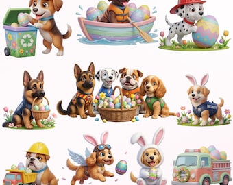 Paquete de imágenes prediseñadas de Pascua: Cachorro rescatado, perro policía y camión de bomberos (descarga digital)
