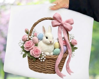 Cesta de conejo de Pascua con bordado falso PNG, lazo de cinta coqueta, sublimación de primavera (descarga digital)