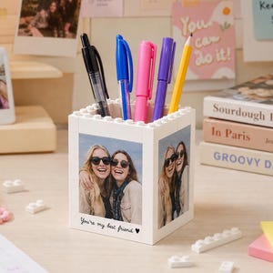 Personalized Best Friends Brick Photo Block Pencil Pot, Personalized Bestie Pencil Cup, Custom Friendship Desk Gift for Her