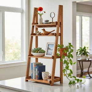 May include: A wooden ladder shelf with four shelves, displaying decorative items like a red flower in a vase, a wooden bird, a framed photo, books, and a succulent plant. A trailing green plant hangs from the side.