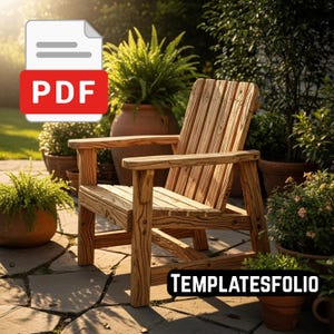 Può includere: Una sedia Adirondack in legno con schienale a doghe e braccioli. La sedia è circondata da piante in vaso e verde. Un'icona PDF è nell'angolo in alto a sinistra e il testo "TEMPLATESFOLIO" in basso.