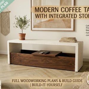 Puede incluir: Una mesa de centro moderna con almacenamiento integrado, con una parte superior blanca y una base de madera oscura. La mesa tiene un cajón incorporado y un estante. La imagen incluye el texto "Modern Coffee Table with Integrated Storage".