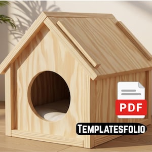May include: A wooden pet house with a circular entrance. The house is constructed from light-coloured wood and features a pitched roof. The text "TEMPLATESFOLIO" is displayed at the bottom. A PDF icon is visible on the right side.