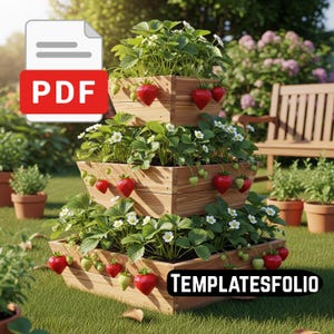 May include: A tiered wooden planter filled with strawberry plants, showcasing ripe red and unripe green strawberries. White flowers bloom among the green leaves. The image includes a PDF icon and the text "TEMPLATESFOLIO".