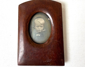 Marco de madera de caoba antigua (11 cm x 7,5 cm) Vidrio de burbuja CONVEX