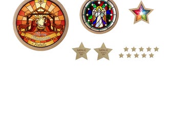 15 adornos navideños variados: 3 con efecto vitral + 12 estrellas de madera (1 o 2 personalizadas)