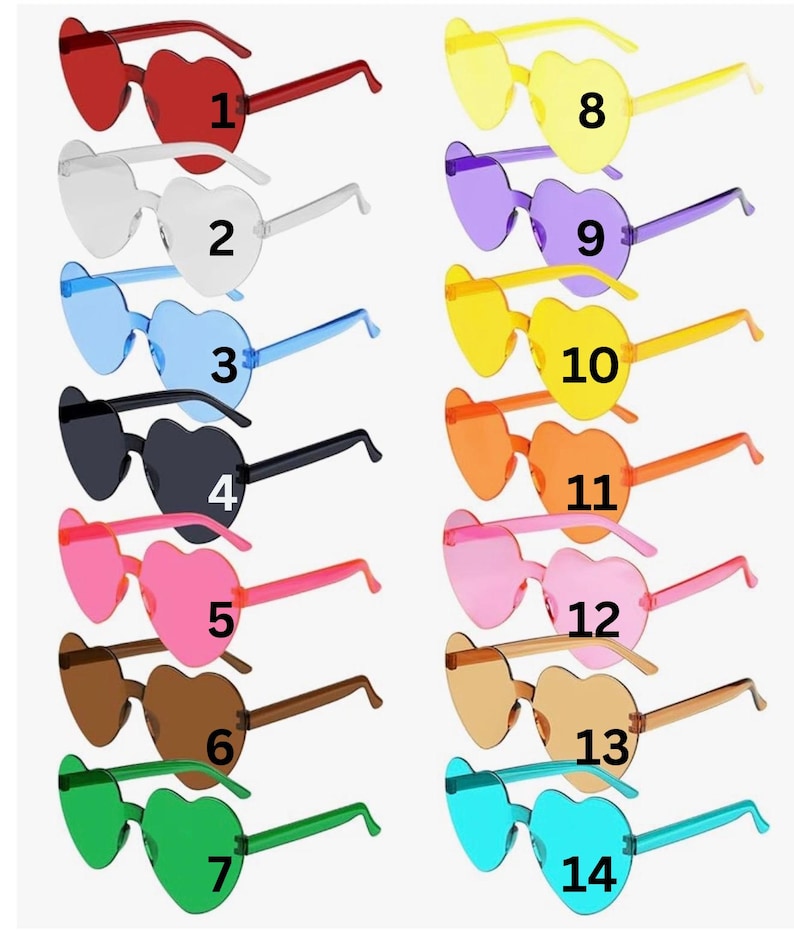 May include: Collection of heart-shaped sunglasses in various colors, including red, white, blue, black, pink, brown, green, yellow, purple, and orange. Each pair has matching colored frames. The sunglasses are numbered 1 through 14.