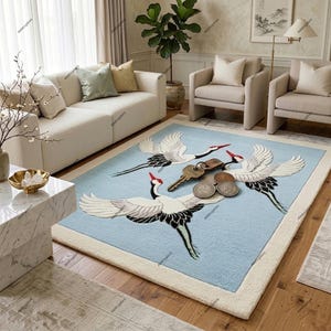 Hand Tufted Crane Area Rug, Blue Japanese Bird Carpet, Wool Home Décor
