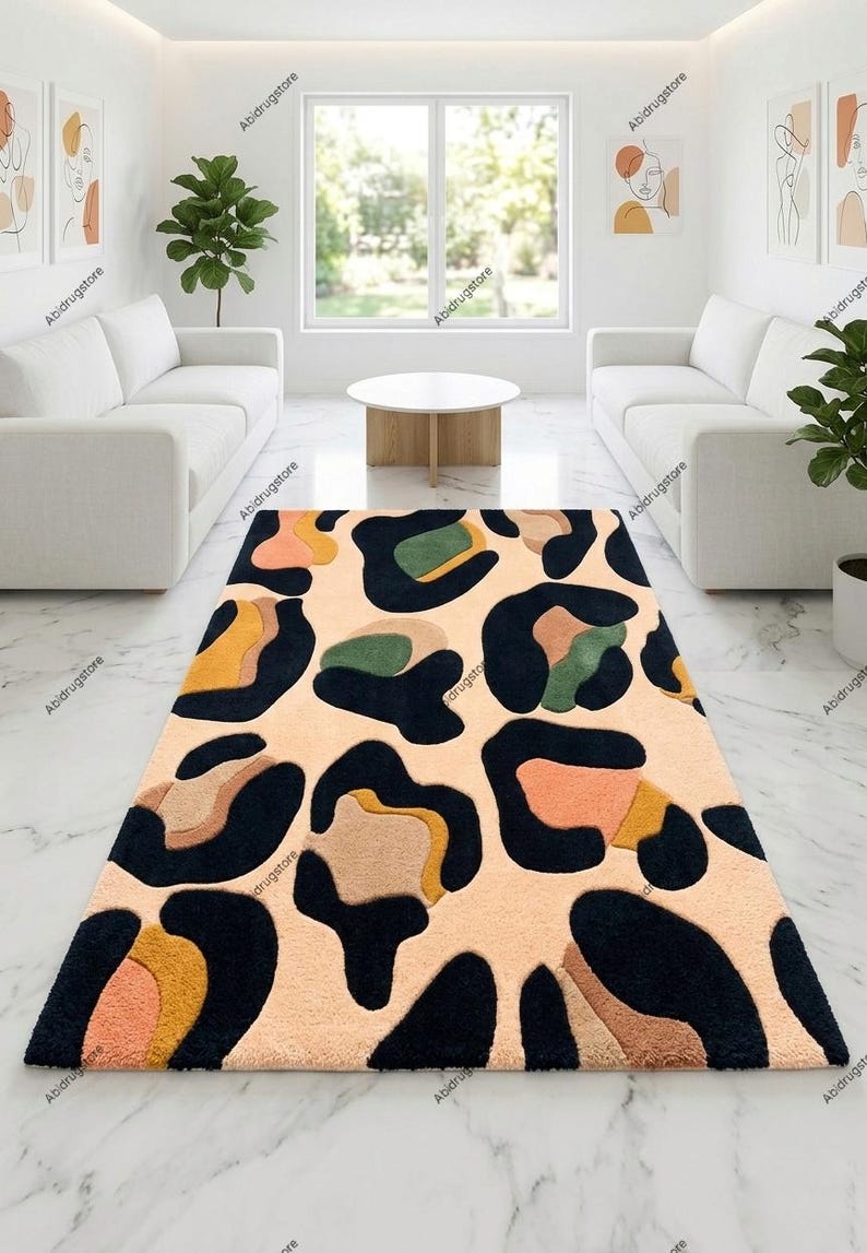 Modern Abstract Hand Tufted Wool Rug – Beige Navy Contemporary Area ...