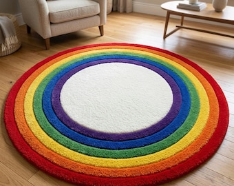 Rainbow Halo Hand Tufted Wool Rug – Colorful Round Area Carpet, Vibrant Circular Rainbow