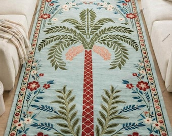 Hand-Tufted Wool Palm Tree Rug, Botanical Floral Tropical Area Carpet