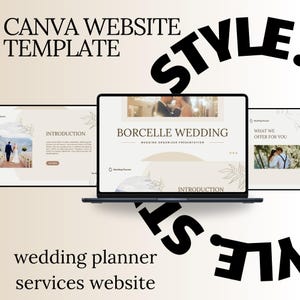 Könnte beinhalten: Ein Laptop, der eine Vorlage für eine Hochzeitsplaner-Website anzeigt. Das Design verwendet eine neutrale Farbpalette mit Bildern von Paaren und floralen Akzenten. Der Text enthält "CANVA WEBSITE TEMPLATE", "BORCELLE WEDDING" und "wedding planner services website".
