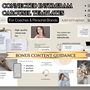 Könnte beinhalten: Minimalistisches Instagram-Karussell-Vorlagendesign für Coaches und Personal Brands. Das Design umfasst Text, Bilder und Grafiken, um Kunden zu gewinnen. Die Vorlage enthält Bonus-Inhaltsanleitungen.