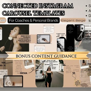 Könnte beinhalten: Eine Werbegrafik für Instagram-Karussellvorlagen, die für Coaches und persönliche Marken entwickelt wurde. Das Design weist ein beige-schwarzes Farbschema mit verschiedenen Bildern und Textelementen auf, einschließlich der Worte "Connected Instagram Carousel Templates."