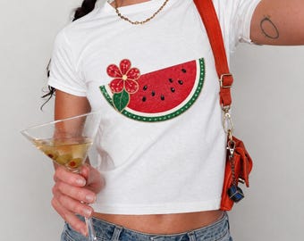 Camiseta infantil de sandía con pedrería, linda camiseta veraniega coqueta, camiseta con estampado de frutas con estética Y2K, top corto rosa de moda para mujer.