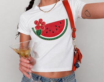 Camiseta infantil de sandía con pedrería, linda camiseta veraniega coqueta, camiseta con estampado de frutas con estética Y2K, top corto rosa de moda para mujer.