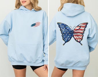 USA Butterfly Graphic Sweatshirt, Front & Back Print Crewneck, Unisex Oversized Sweatshirt, Casual Streetwear Pullover