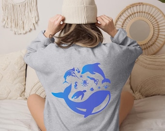 Ocean Animal Hoodie, Dolphin Whale Graphic Hoodie, Back Print Hoodie, Unisex Oversized Sweatshirt, Sea Life Hoodie
