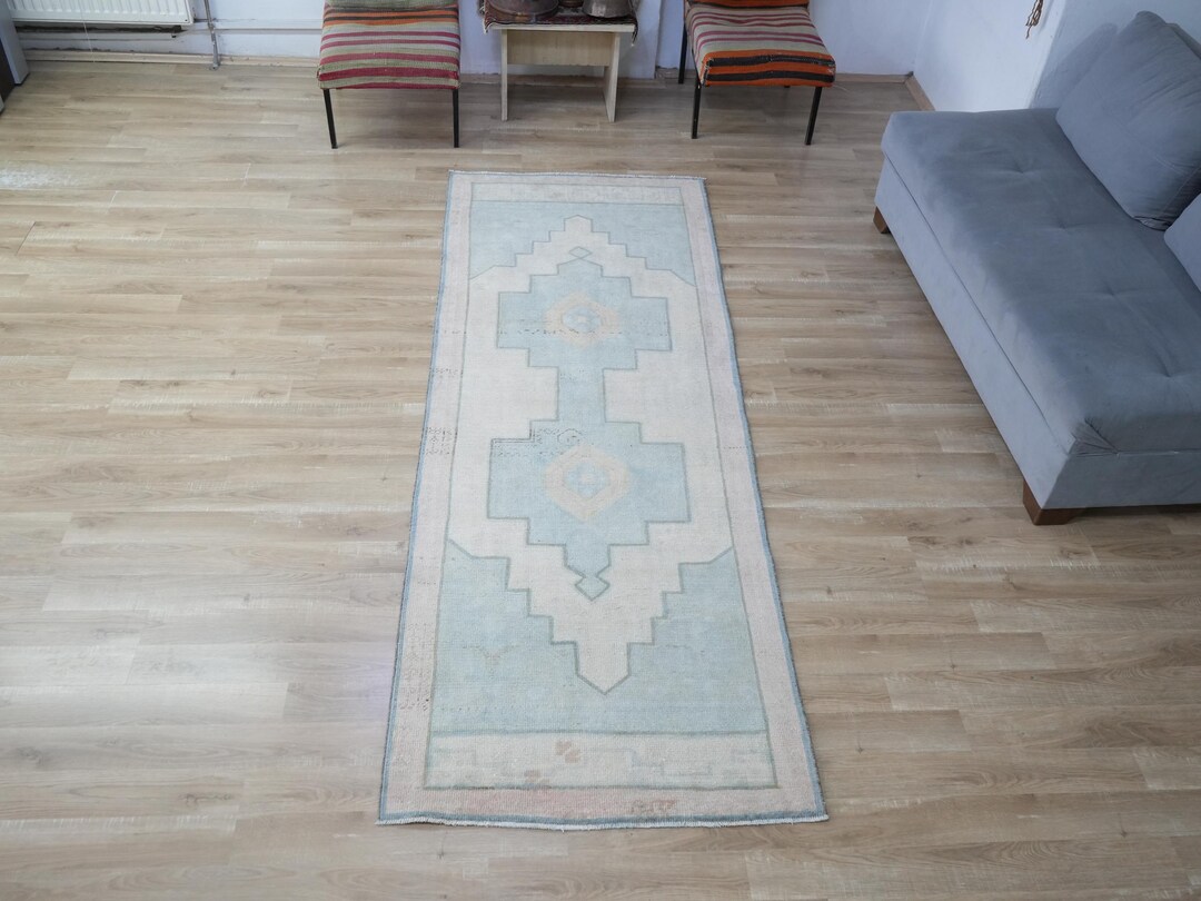 Vintage Oushak Runner 3x8, Muted Pastel Blue Turkish - Hand Knotted ...