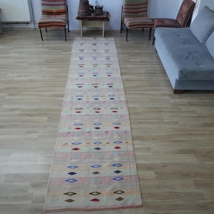 Peut inclure: Un long tapis rectangulaire avec un fond crème et un motif répétitif de losanges colorés. Les losanges sont dans des tons de bleu, de rouge et de marron, avec des rayures horizontales. Le tapis est posé sur un sol en bois clair.